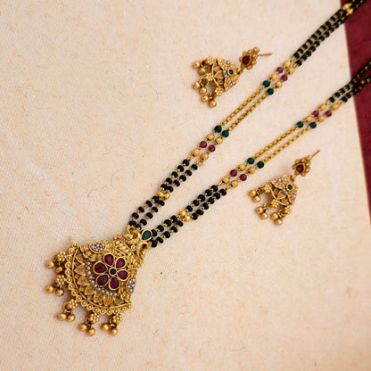 Antique Gold Plated Floral Stone Mangalsutra Set with Multicolor Beads & Black Double Chain | Traditional Designer Jewellery