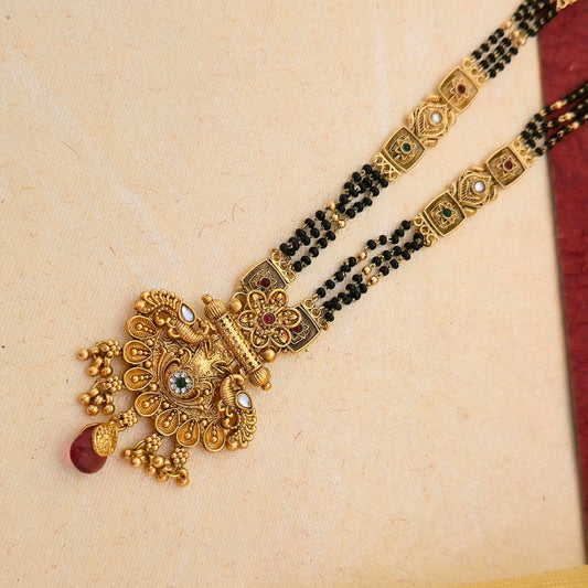 Antique Gold Plated Floral Temple Mangalsutra Set with Ruby Drops & Multicolor Stones | Designer Black Bead Chain