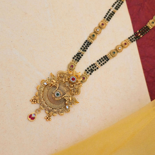 Antique Gold Plated Floral Temple Mangalsutra Set with Multicolor Stones & Dual Black Bead Chain