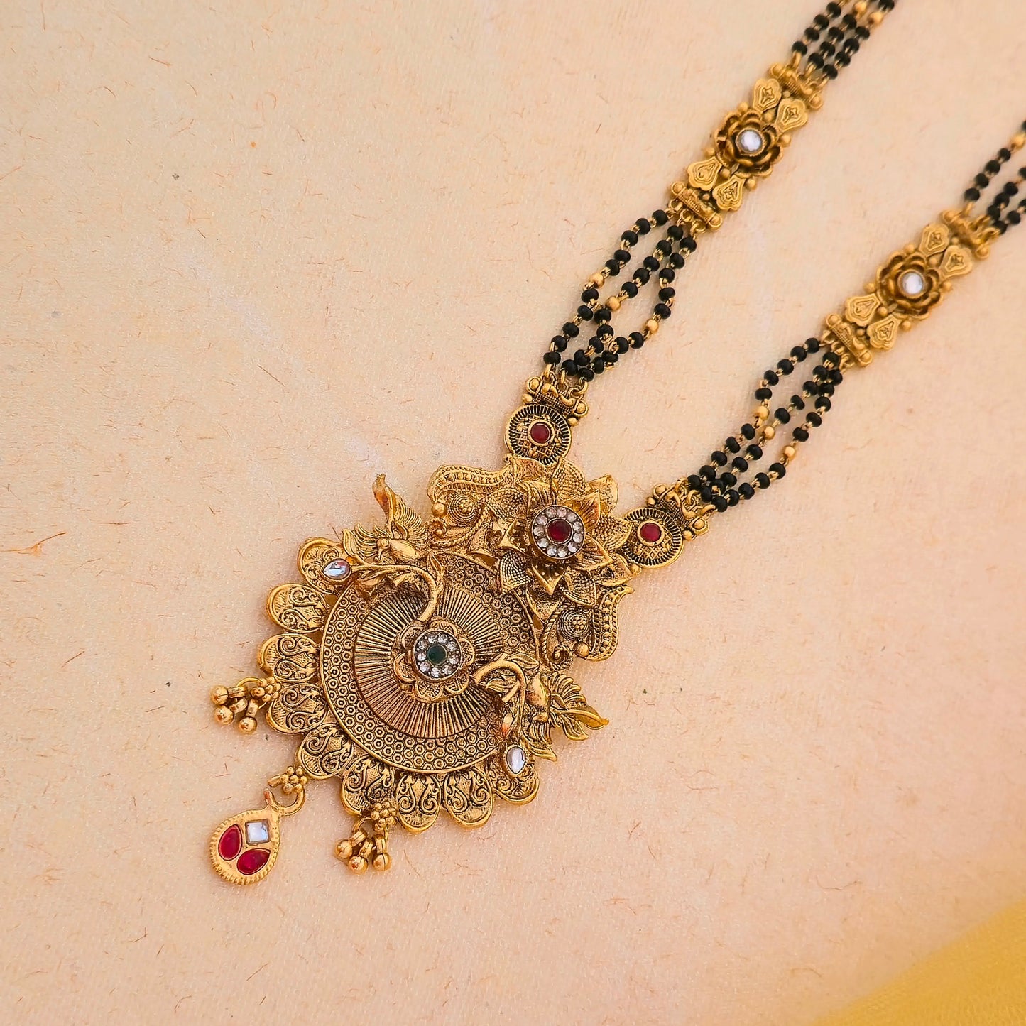 Antique Gold Plated Peacock Temple Mangalsutra Set with Multicolor Stones & Layered Black Bead Chain