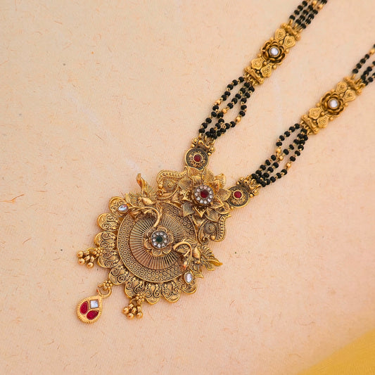 Antique Gold Plated Peacock Temple Mangalsutra Set with Multicolor Stones & Layered Black Bead Chain