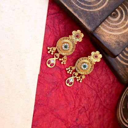 Antique Gold Plated Peacock Temple Mangalsutra Set with Multicolor Stones & Layered Black Bead Chain