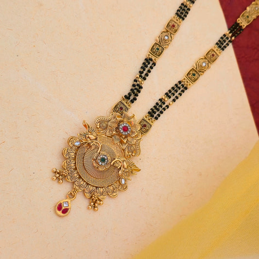 Antique Gold Plated Peacock Temple Mangalsutra Set with Multicolor Stones & Designer Black Bead Chain
