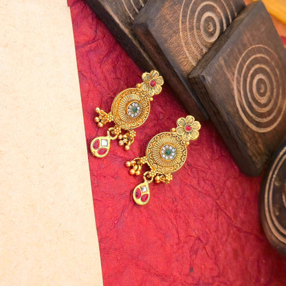 Antique Gold Plated Peacock Temple Mangalsutra Set with Multicolor Stones & Designer Black Bead Chain