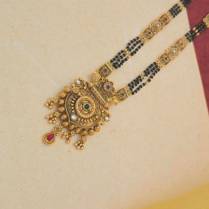 Designer Gold Plated Mangalsutra Set with Antique Floral Pendant & Multicolor Stone Detailing | Black Bead Traditional Jewellery