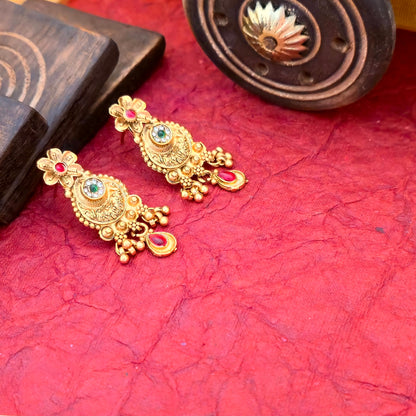 Designer Gold Plated Mangalsutra Set with Antique Floral Pendant & Multicolor Stone Detailing | Black Bead Traditional Jewellery