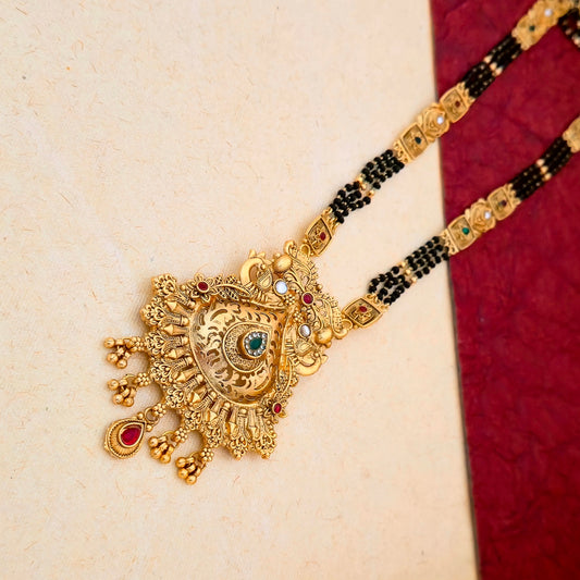 Designer Gold Plated Mangalsutra Set with Antique Peacock Pendant & Multicolor Stone Detailing | Black Bead Traditional Jewellery