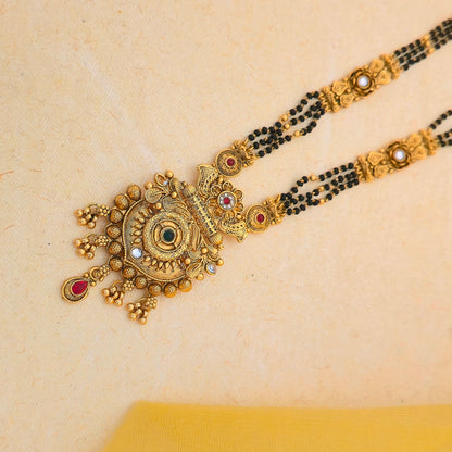 Antique Gold Plated Mangalsutra Set with Temple Pendant & Multicolor Stone Work | Black Bead Traditional Jewellery