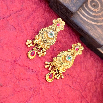Antique Gold Plated Mangalsutra Set with Temple Pendant & Multicolor Stone Work | Black Bead Traditional Jewellery