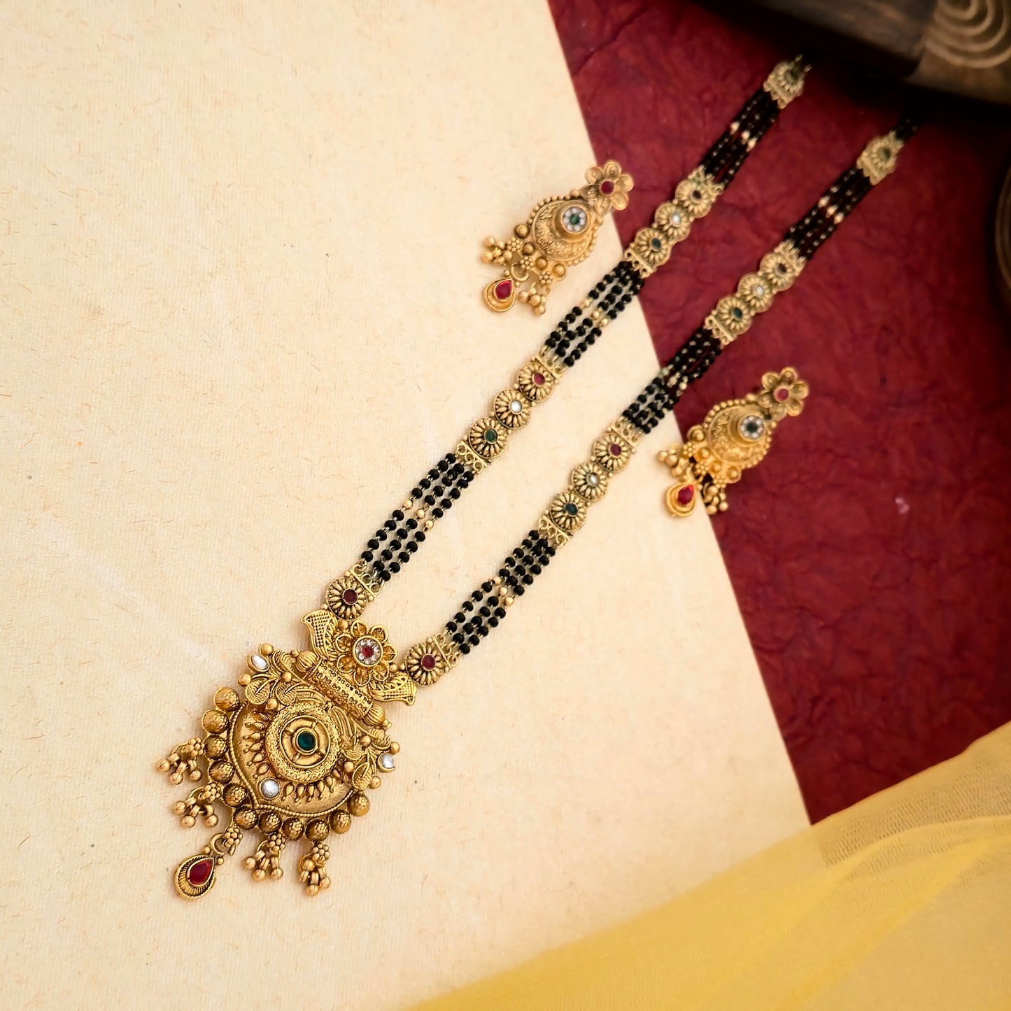 Antique Gold Plated Temple Mangalsutra Set with Multicolor Stones & Dual Black Bead Chain | Traditional Jewellery