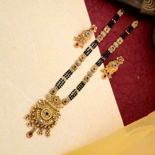 Antique Gold Plated Temple Mangalsutra Set with Multicolor Stones & Dual Black Bead Chain | Traditional Jewellery