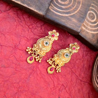 Antique Gold Plated Temple Mangalsutra Set with Multicolor Stones & Dual Black Bead Chain | Traditional Jewellery
