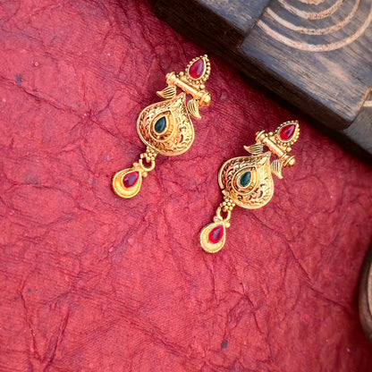 Designer Gold Plated Mangalsutra Set with Antique Peacock Pendant & Multicolor Stone Detailing | Black Bead Traditional Jewellery