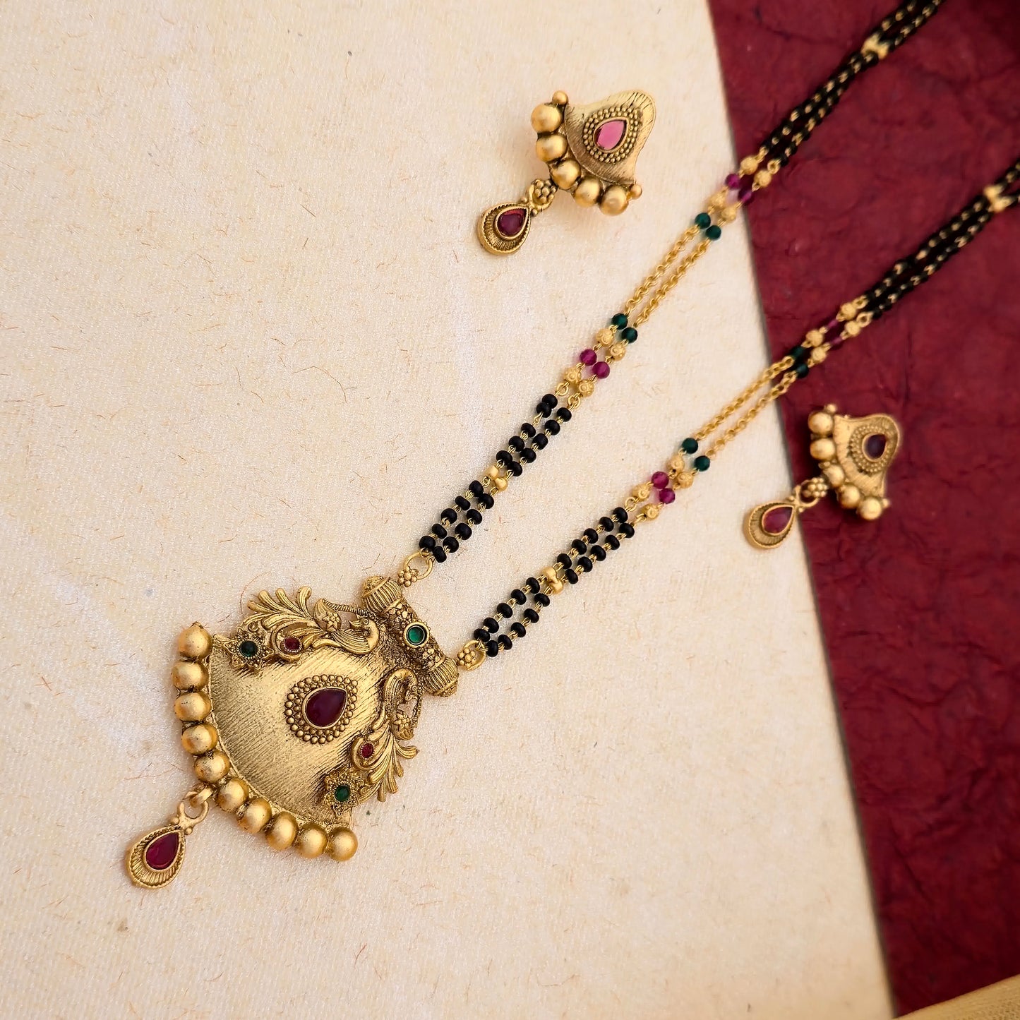 Designer Gold Plated Mangalsutra Set with Antique Bell Pendant & Matching Earrings | Traditional Black Bead Jewellery