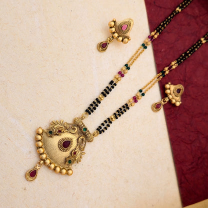 Designer Gold Plated Mangalsutra Set with Antique Bell Pendant & Matching Earrings | Traditional Black Bead Jewellery