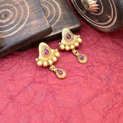 Designer Gold Plated Mangalsutra Set with Antique Bell Pendant & Matching Earrings | Traditional Black Bead Jewellery