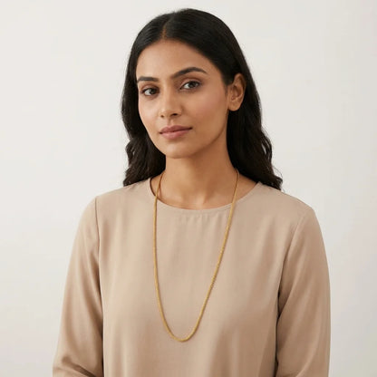minimal MOP chain, elegant gold polish necklace, lightweight long chain for women, traditional daily wear jewellery, simple gold necklace, water resistant imitation jewellery