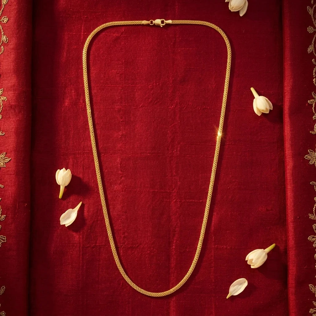 minimal MOP chain, elegant gold polish necklace, lightweight long chain for women, traditional daily wear jewellery, simple gold necklace, water resistant imitation jewellery