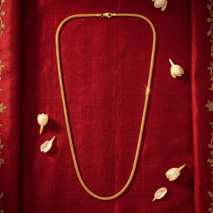 minimal MOP chain, elegant gold polish necklace, lightweight long chain for women, traditional daily wear jewellery, simple gold necklace, water resistant imitation jewellery