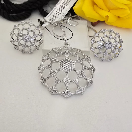 Mirror_Mosaic_Pendant_Set_with_Earrings_Silver_Plated_Designer_Jewellery - Saubhagya Collection 