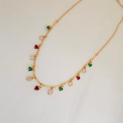heart charm necklace, dokia necklace, multicolor stone necklace, gold finish necklace, stylish womens necklace, trendy daily wear necklace, lightweight fashion necklace