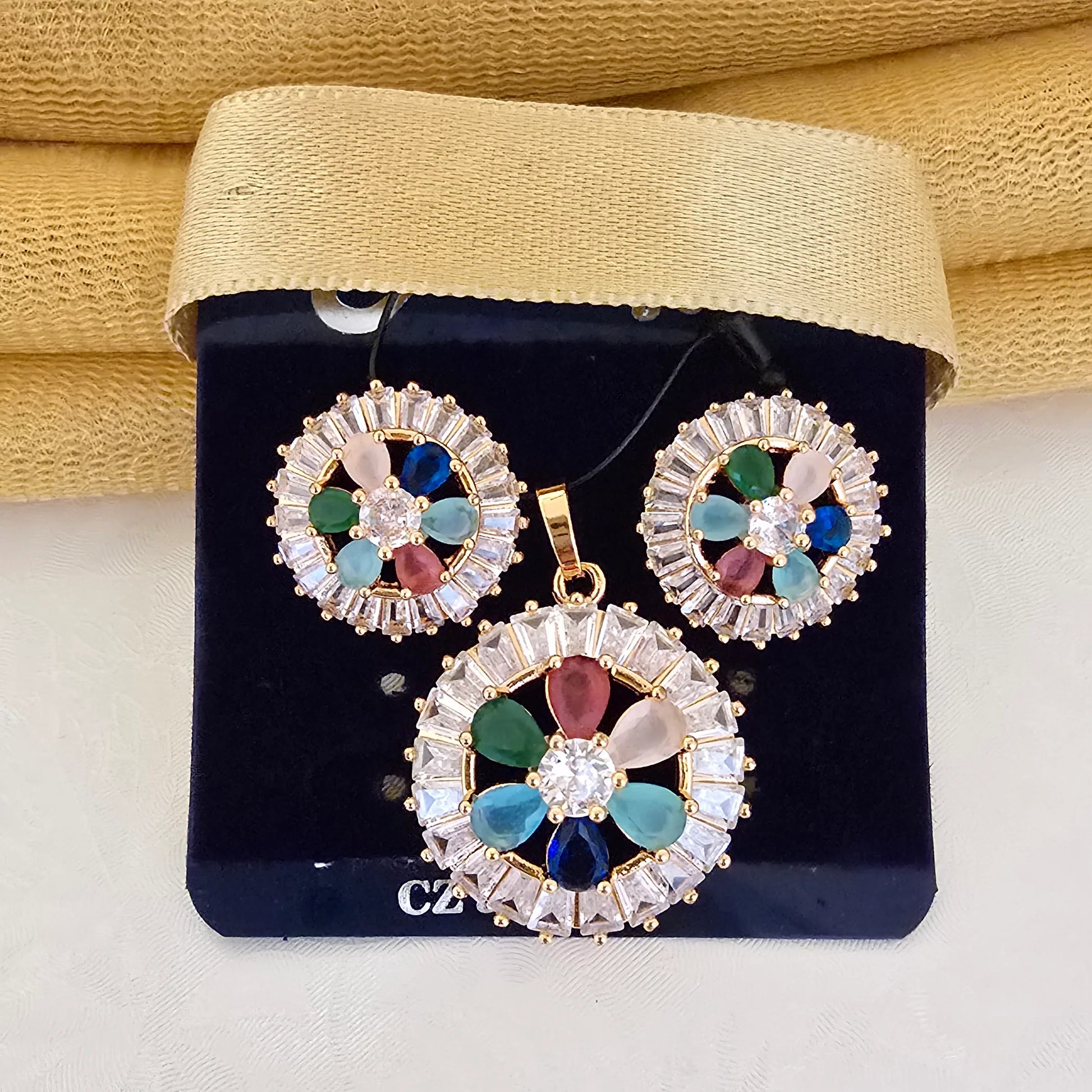 Multicolor_Round_Halo_Pendant_Set_with_Earrings_Gold_Plated - Saubhagya Collection 