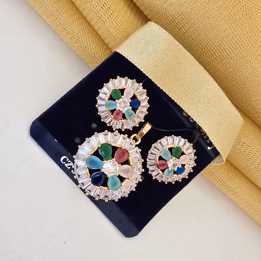 Multicolor_Round_Halo_Pendant_Set_with_Earrings_Gold_Plated_Jewellery - Saubhagya Collection 