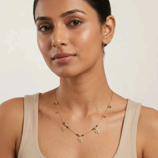 Multicolor Stone Charm Dokia Necklace for Women | Minimal Gold Finish Designer Necklace