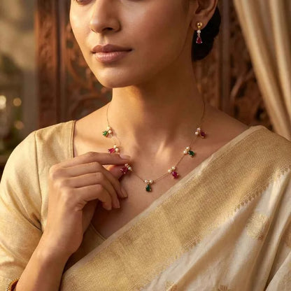 Multicolor Teardrop Stone Necklace Set for Women | Minimal Gold Finish Dokia Necklace with Earrings