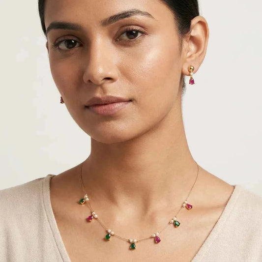 Multicolor Teardrop Stone Necklace Set for Women | Minimal Gold Finish Dokia Necklace with Earrings