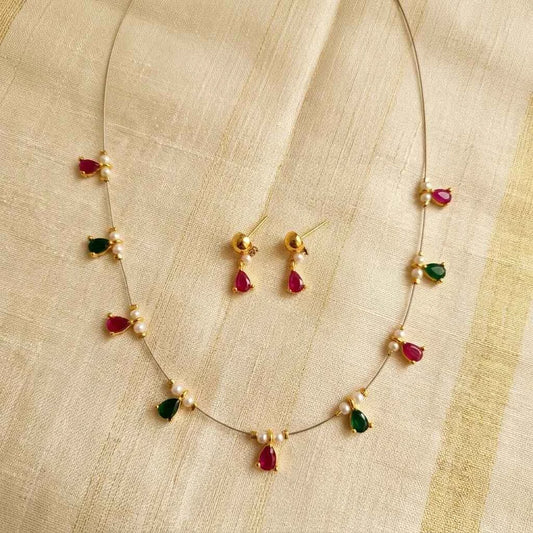 Multicolor Teardrop Stone Necklace Set for Women | Minimal Gold Finish Dokia Necklace with Earrings