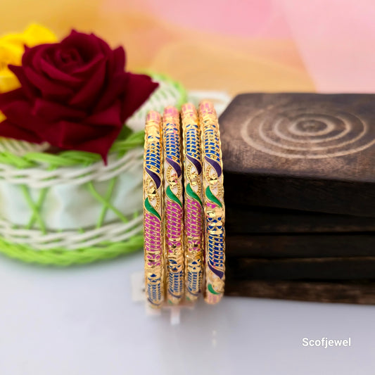 multicolour Meenakari-style gold-tone bangles for women, traditional imitation bangle set with pink green blue and purple detailing, designer ethnic bangles with intricate patterns, colourful Indian festive bangles, traditional wedding wear bangles, multicolour imitation jewellery, Scofjewel designer bangles