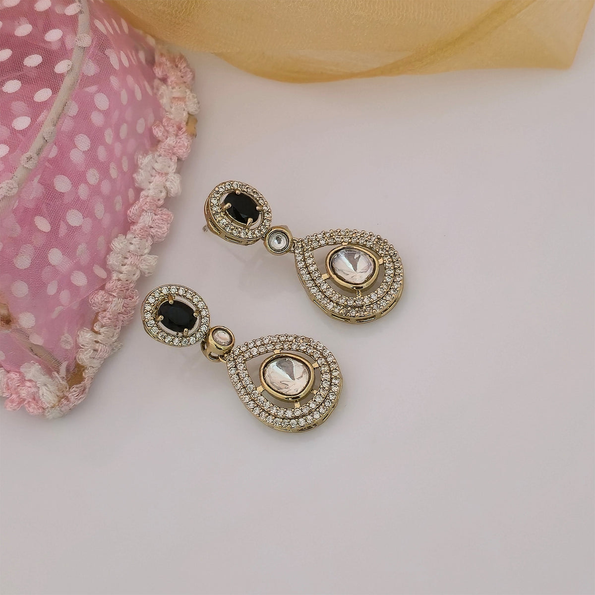 Moissanite Kundan Necklace Set with Matching Earrings | Black and White Designer Necklace for Women