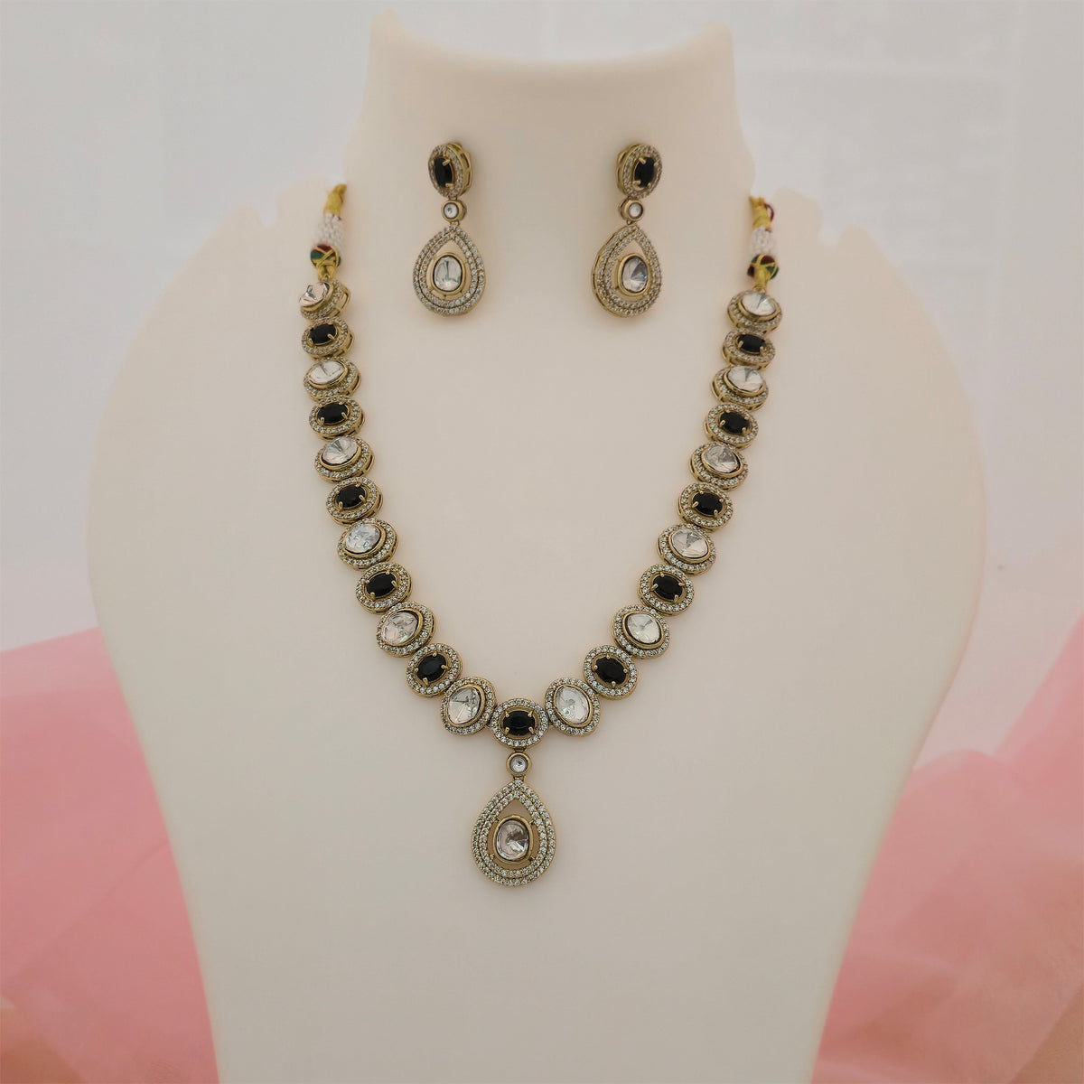 Moissanite Kundan Necklace Set with Matching Earrings | Black and White Designer Necklace for Women
