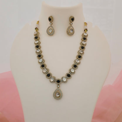 Moissanite Kundan Necklace Set with Matching Earrings | Black and White Designer Necklace for Women