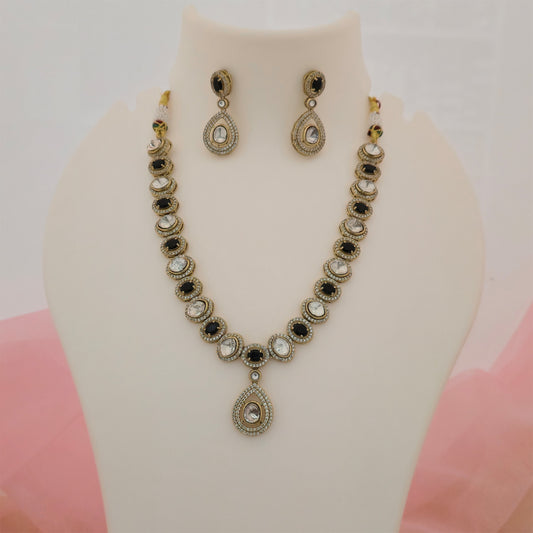 Moissanite Kundan Necklace Set with Matching Earrings | Black and White Designer Necklace for Women