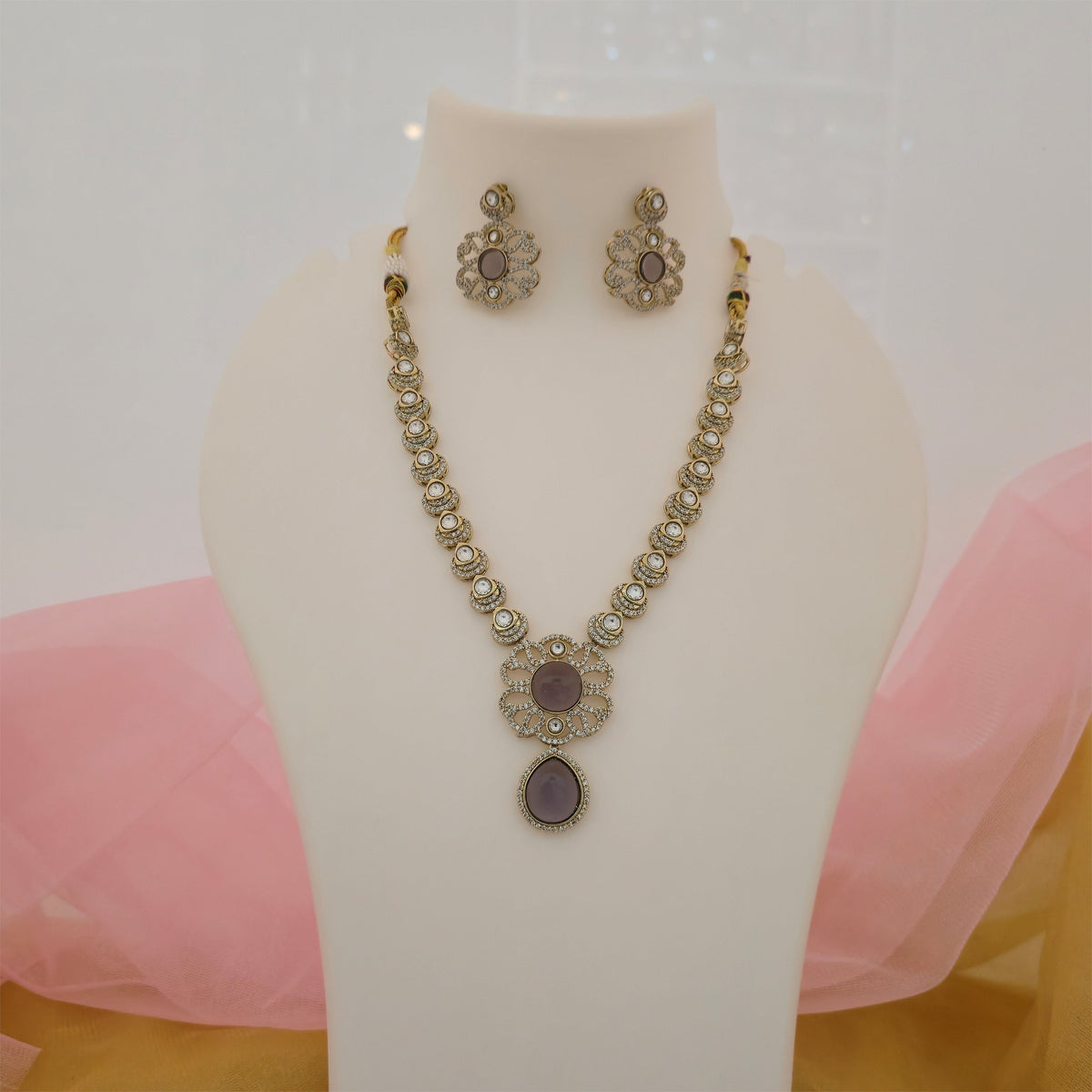 Moissanite Kundan Necklace Set with Matching Earrings | Purple Stone Floral Designer Jewellery for Women
