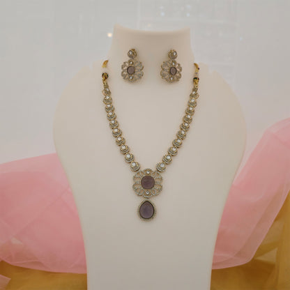 Moissanite Kundan Necklace Set with Matching Earrings | Purple Stone Floral Designer Jewellery for Women