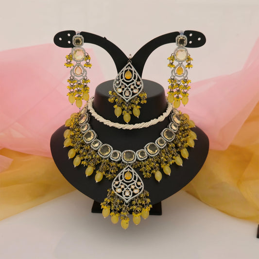 Moissanite AD Pukhraj Necklace Set with Matching Earrings | Yellow Stone Bridal Jewellery for Women