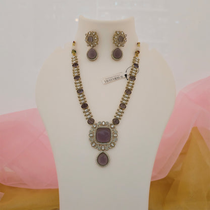 Moissanite Kundan Long Necklace Set with Matching Earrings | Purple Stone Designer Jewellery for Women