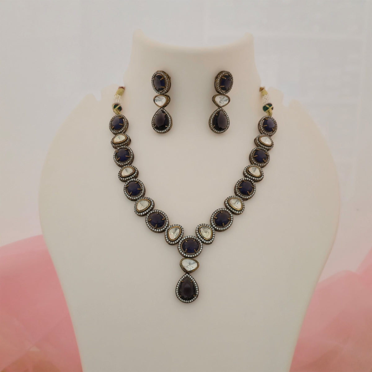 Moissanite Kundan Necklace Set with Matching Earrings | Purple Designer Necklace for Women