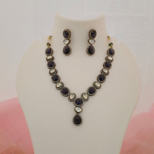 Moissanite Kundan Necklace Set with Matching Earrings | Purple Designer Necklace for Women