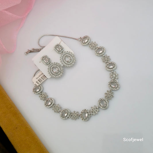 Red Stone American Diamond Necklace Set with Matching Earrings | Silver Tone Designer Necklace for Women