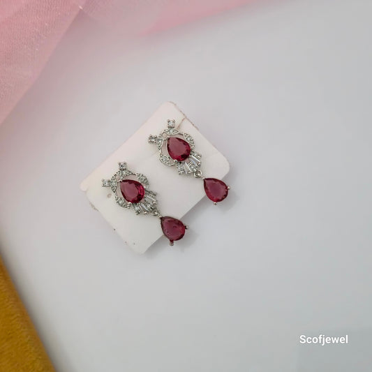 Ruby Red Teardrop Stone Necklace Set with Matching Earrings | Silver-Tone Designer Jewellery for Women