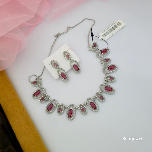 AD Pink Stone Necklace Set with Matching Earrings | Silver-Tone Designer Necklace for Women