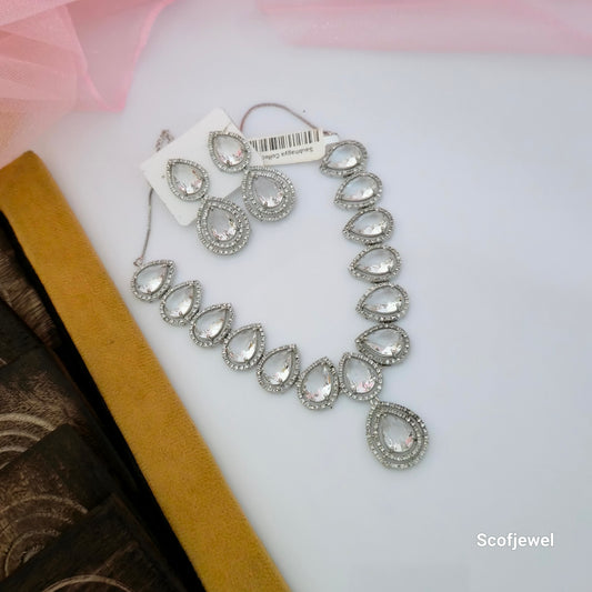 Red AD Teardrop Necklace Set with Matching Earrings | Silver-Tone Designer Necklace for Women