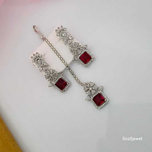 Ruby Red Square Stone Necklace Set with Matching Earrings and Maang Tikka | Silver-Tone Designer Jewellery for Women