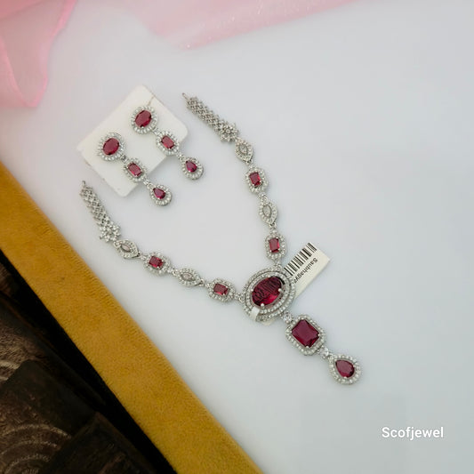 Pink AD Stone Necklace Set with Matching Earrings | Silver-Tone Designer Necklace for Women