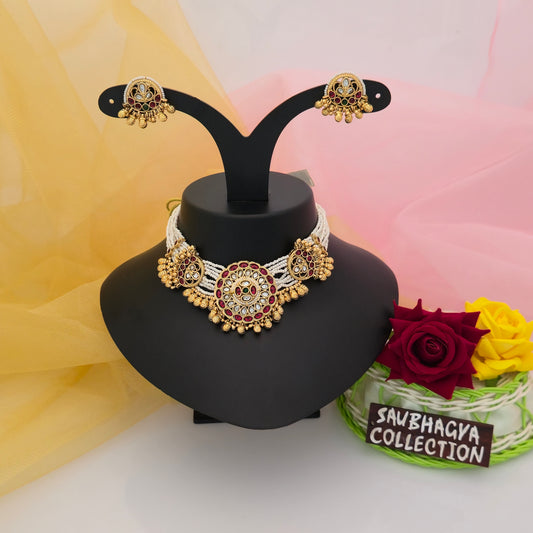 Antique Gold Tone White Bead Necklace Set with Red and Green Stones | Traditional Artificial Jewellery for Women