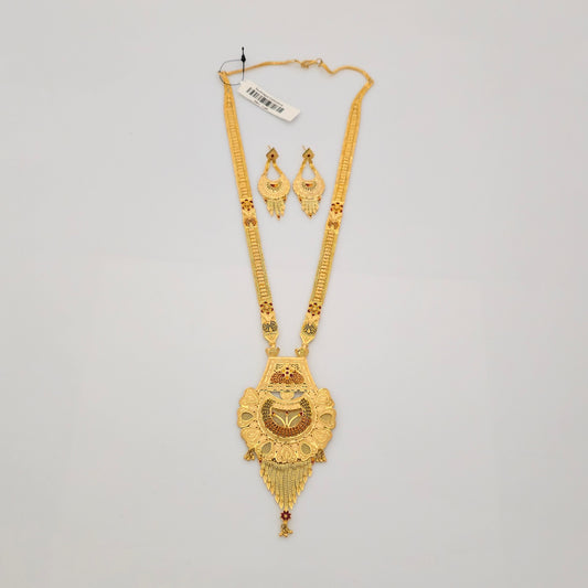 1 Gram Gold (Forming) Gold Tone Long Temple Necklace Set with Earrings | Traditional Designer Haram Jewellery for Women